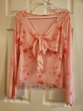 Pink Floral Tie-Front Long Sleeve Blouse